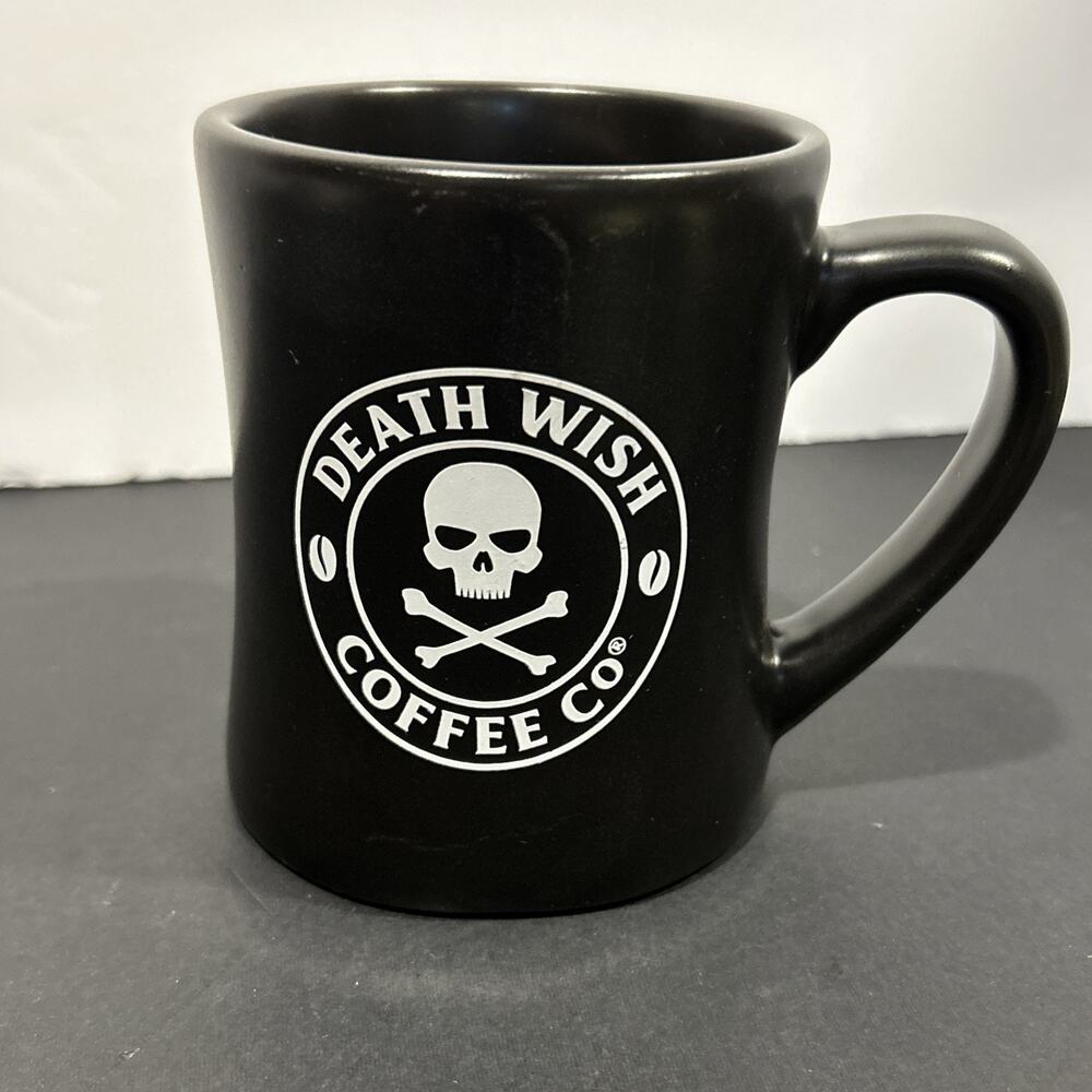 Death Wish Coffee Co Mug Matte Black Skull Apocalypse Quote Made in USA 4in Tall